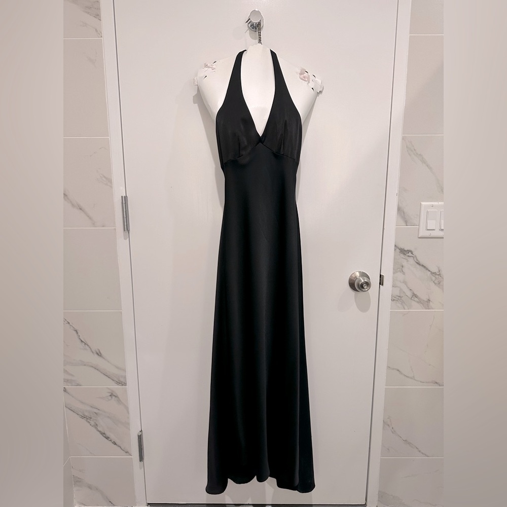 BCBGMAXAZRIA Black Satin Dress with Open Back and Neck Tie